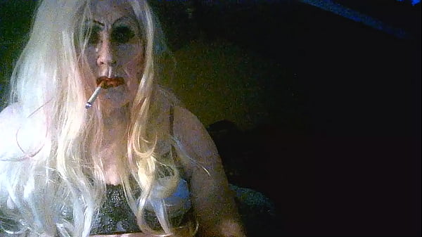 Disgusting mature whore Sarah, smoking in bra, panties, stockings and heels, ready for a night as a whore 