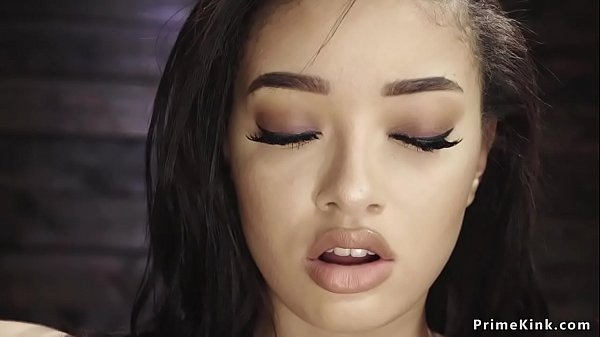 Slim solo ebony babe in shaved and tight pussy shoves fucking machine 