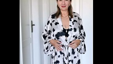 Mature busty MILF tries to seduce you. Close-up pussy.  