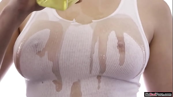 Busty blonde oils up her big tits and ass.A guy kisses her and sucks her big boobs.He licks her hairy pussy and the babe titfucks him.Then shes banged 