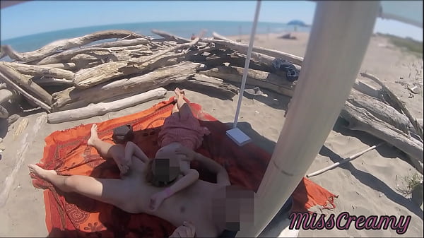Voyeur watching us while my hot teacher masturbating and cumshot cock in nudist beach public - Risky Public Sex - Caught Handjob by stranger P2 - MissCreamy