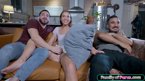 Familyofpervs.com - Stepbro fingers teen stepsisters shaved pussy next to her bf.The small tit babe sucks his cock behind her boyfriends back and when he leaves they fuck