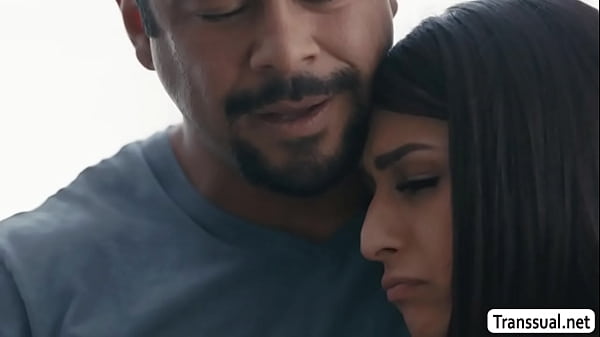 Skinny Tgirl gets home crying and her stepdad comforts her by kissing and sucking her shecock passionately.After that,in return she lets her stepdad bareback her ass 