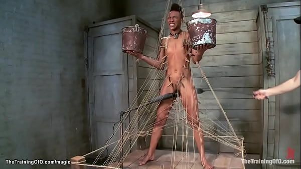 Master James Mogul whipping small tits ebony babe Nikki Darling while training and doing push ups then while dancing around metal pole