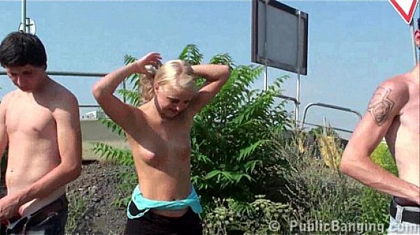 Beautiful blonde teen girl PUBLIC sex gangbang