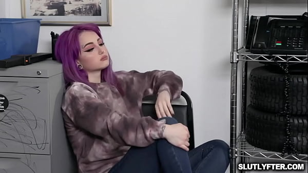 Female with purple hair and several piercings gets caught stealing and punished her pussy hard