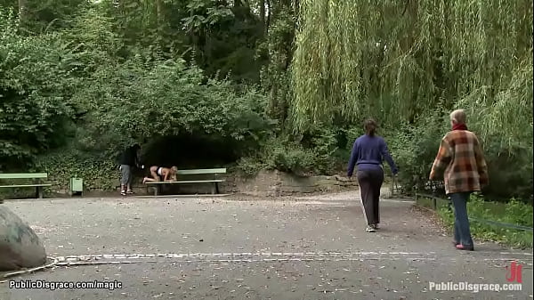 Naked blonde Blanche is bound in public shop window then ass whipped on the bench in the park by Princess Donna Dolore and fucked by big cock Zenza Raggi