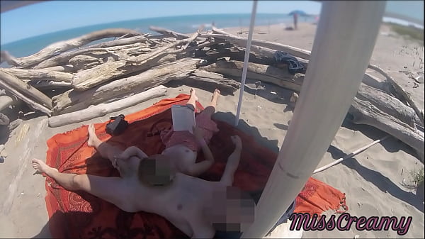 Voyeur watching us while my hot teacher masturbating and cumshot cock in nudist beach public - Risky Public Sex - Caught Handjob by stranger P1 - MissCreamy