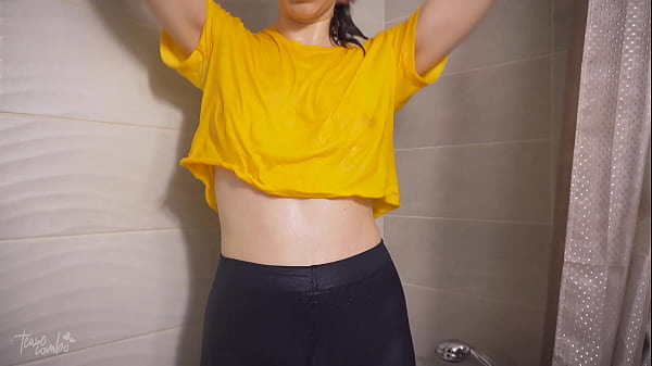 Amateur Mom Showering In Wet Yellow T-Shirt And Control Top Nylons