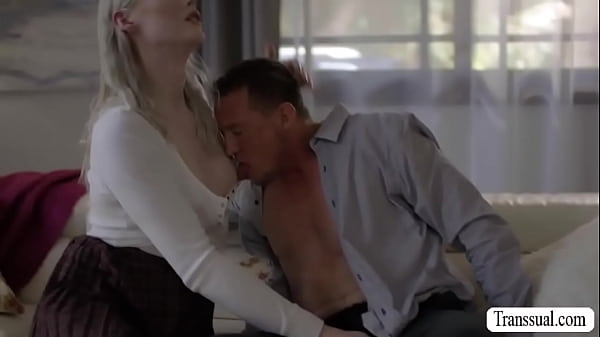 Shemale tutor and her student are on the couch kissing each other.After that,she throats his dick and fucks his ass so deep and hard. 