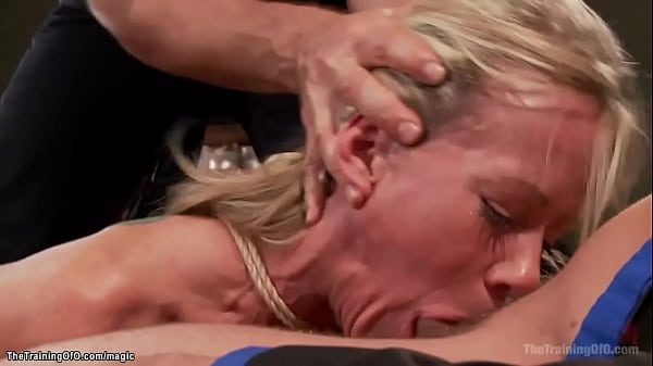 Busty blonde MILF blond trainee Simone Sonay is bound and feet caned by James Mogul then made suck and fuck big cock to Mr Pete as slave training