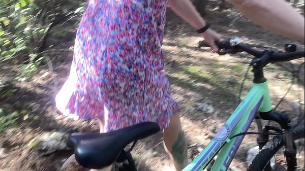 Pretty girl riding bicycle and masturbating her hairy pussy till someone find her in the forest and fuck her in doddy position  