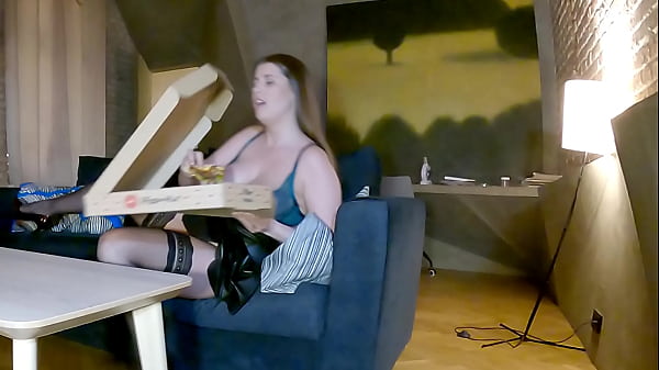 Pizza Delivery for Hot Tight Pussy Cheating Housewife in a Miniskirt without Panties and a Lace Bra to Tease and Seduce