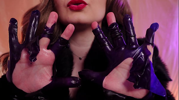 Ripping latex gloves: rubber fetish and destroying clothes ASMR in fur coat  