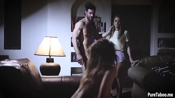 Sexy petite teens banged by an older guy in a threesome