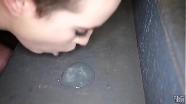 Perverted submissive Brooke Johnson slurps cum up from the filthy stairs