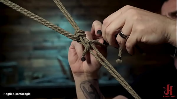 Small tits skinny brunette babe Jazmin Luv is tied on back on the bench with hands and legs tied to the floor then whipped by master The Pope