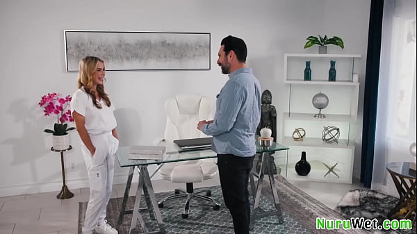 Sexy big tit blondie pour nuru gel on her sexy naked body and rub herself on her customer's back  