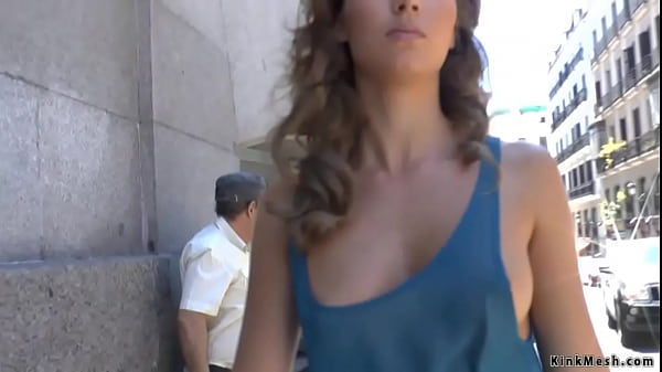 Hot ass brunette slave Cristal Cherry in blue sheer dress is public d. on a leash on Spanish streets then fucked at secluded place