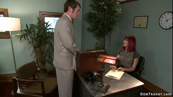 Shemale redhead boss Eva Lin is polite with auditioner Mike J without experience and then seduces him and anal fucks with hard big cock in the office 