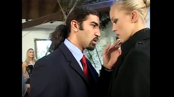 Sexy blonde gang banged by men and shemales