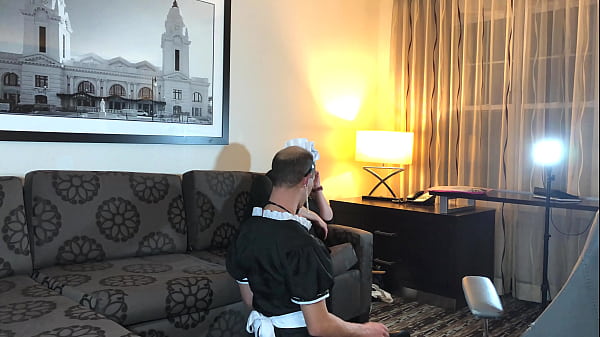 Man Feminized into Maid then Worships Boss Feet and Sucks Strapon  