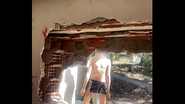 Exploring an abandoned building, 2 amateur boys remove their clothes and one starts to jerk off  