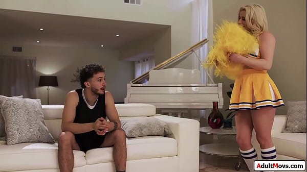 Busty petite stepmom puts on her cheerleader outfit to cheer up her stepson.The big tits milf has another trick and wraps her lips around his big cock