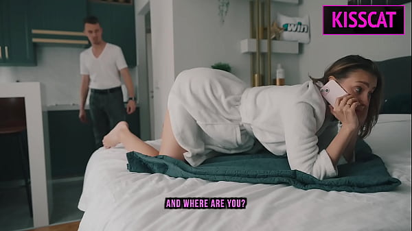 Step son's friend fuck his new step mom while phone talking in share bed