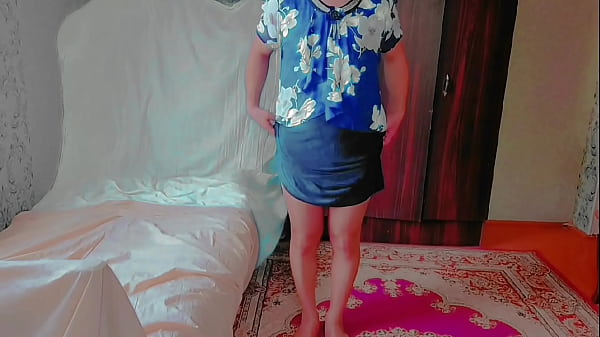 Lovely shemale brushing hair in long silky strokes 