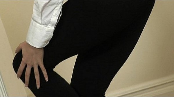 Skinny sexy brunette in heels strips down & rubs pussy to orgasm