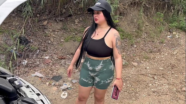 Curvy Colombian babe gets her car damaged and asks for help from a stranger who convinces her to fuck outdoors and swallow his cum! Antonella Jones