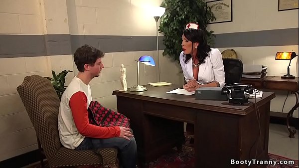 Tranny nurse Morgan Bailey with big tits in sexy uniform and lingerie bent over patient and anal fucked him