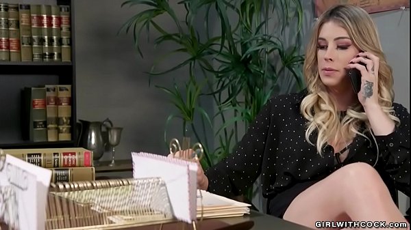 Custodian Dale Savage ties and gags her sexy blonde shemale boss Casey Kisses and fucks her throat then bangs her tight asshole in office 