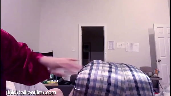 Tiny asian teen spanks huge British Bulldog in plaid shorts!