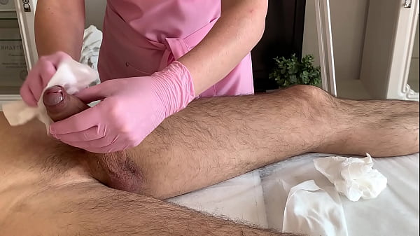 Close-up of a client's ejaculation during waxing  