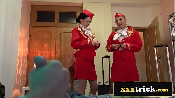 Two Gorgeous Euro Flight Attendants Tag-Team Tourist in a Hostel