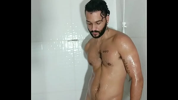 Hairy skinny having a shower