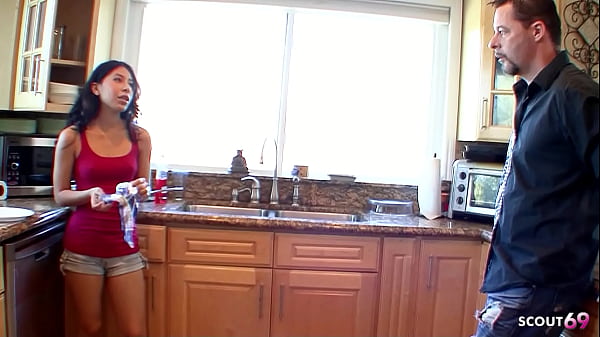 Skinny Step-Daughter with small Tits seduce Big Dick older Guy to Cheating Fuck when home alone