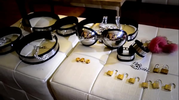 girl in female mask and  latex self-bondage Chastity belt