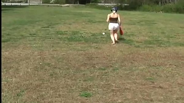 Innocent teen Kitty playing softball outdoors