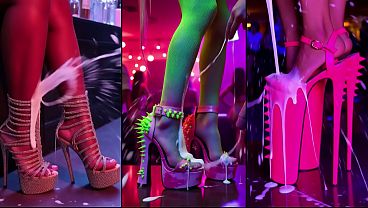 Dancing women get lots of cream on their legs, feet, shoes and high-heels