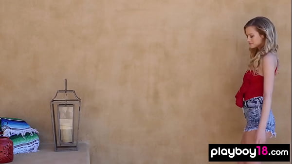 Skinny blondie presenting her amazing natural shapes  