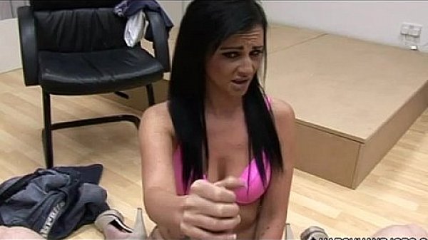 Real mean bitch jerks cock and slaps it