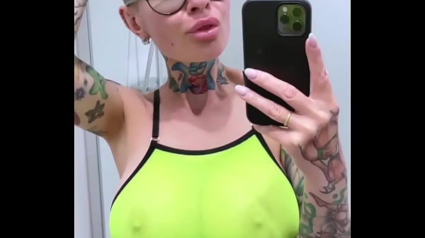 Bald MILF squirts in the mirror  
