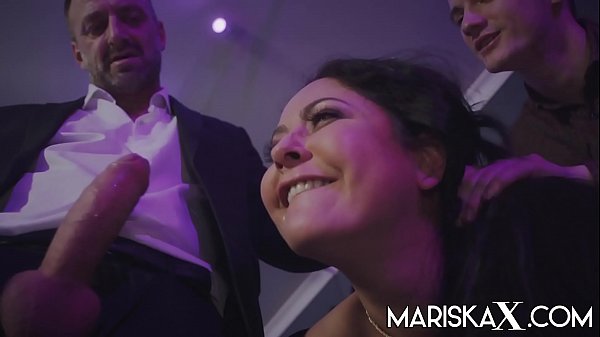 Busty brunette has each of her holes stuffed by two well hung men 