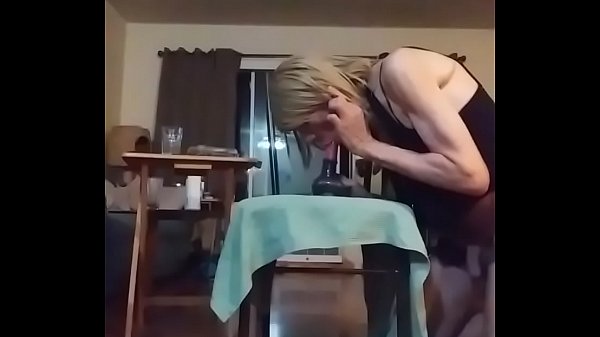 Pathetic sissy slut rides her dildo and smacks her clitty with drapes open 