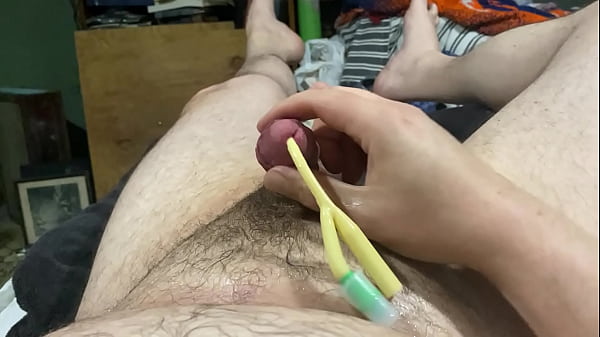 Yanking on my dick with a foley in it  