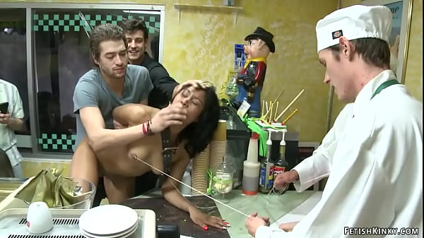 Hot ass ebony slave Yasmine de Leon is walked in public bakery with strap on her neck then gang bang anal fucked by big dicks under Princess Donna Dolore 