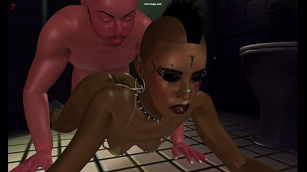 3D ebony punk slut takes fat black cock in the bathroom  